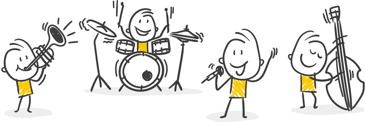vier Strichmännchen mit Musikinstrumenten