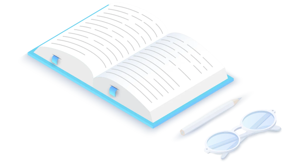 Ein Buch mit Brille und Stift daneben